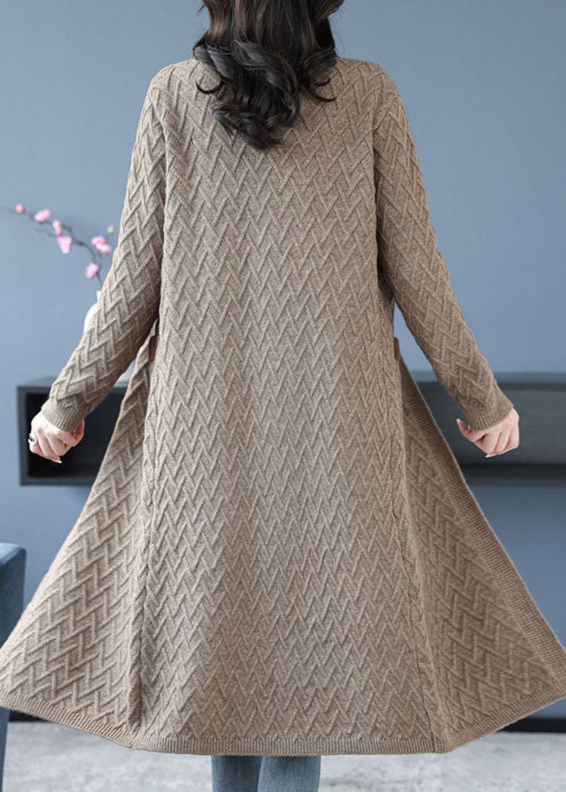 Camel Poches Patchwork Longue Laine Vêtements D'extérieur Col Rond Bouton Automne - Manteaux en laine femmes