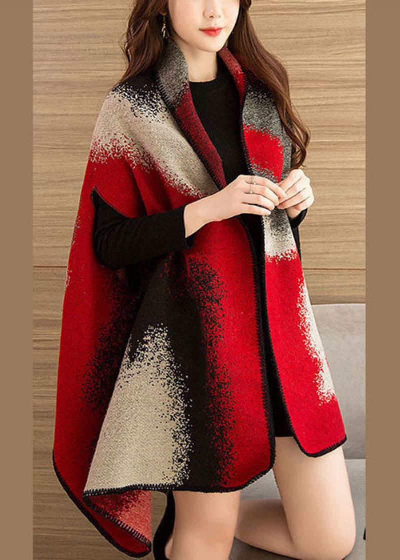 Cape En Tricot De Laine Chaude Imprimé Surdimensionné Rouge Chic Printemps