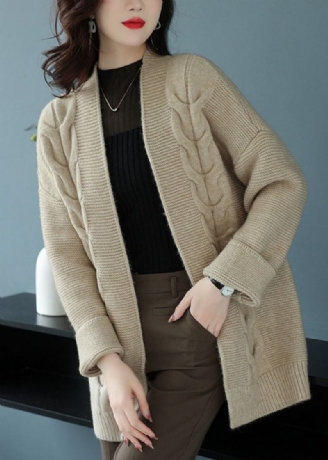 Cardigan Ample En Tricot De Laine Épaisse Beige Col En V Patchwork Automne