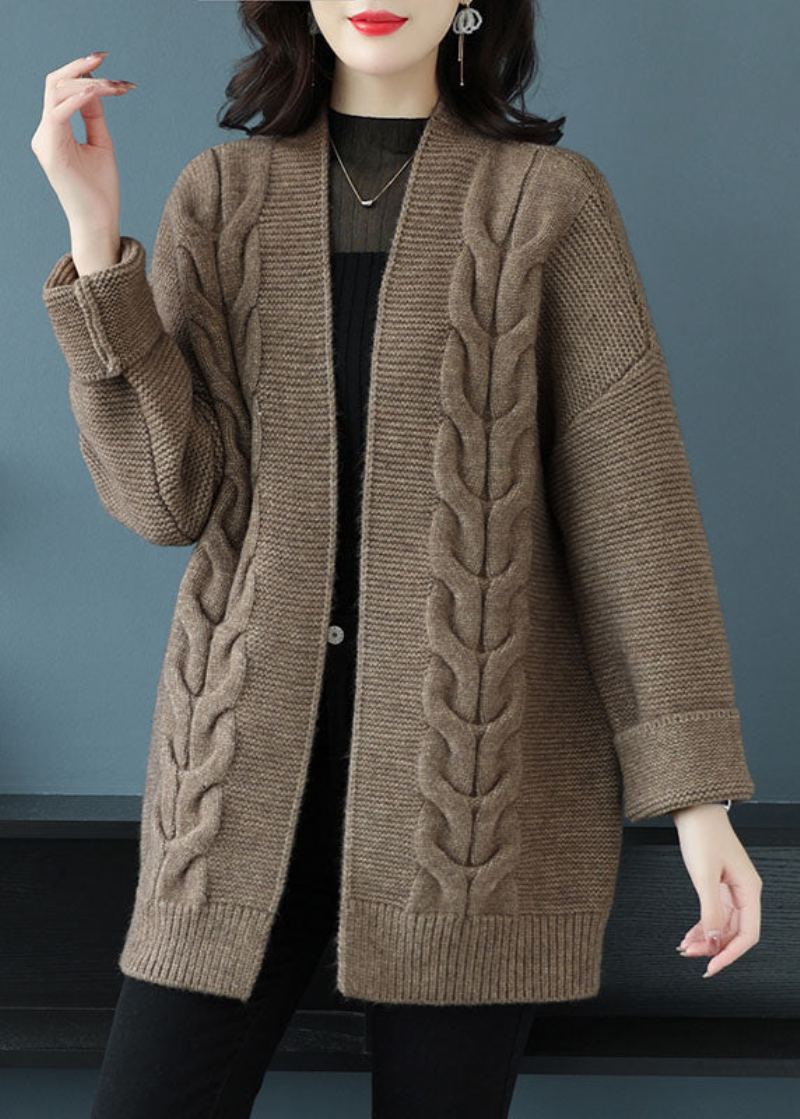 Cardigan Ample En Tricot De Laine Épaisse Beige Col En V Patchwork Automne - Manteaux en laine femmes