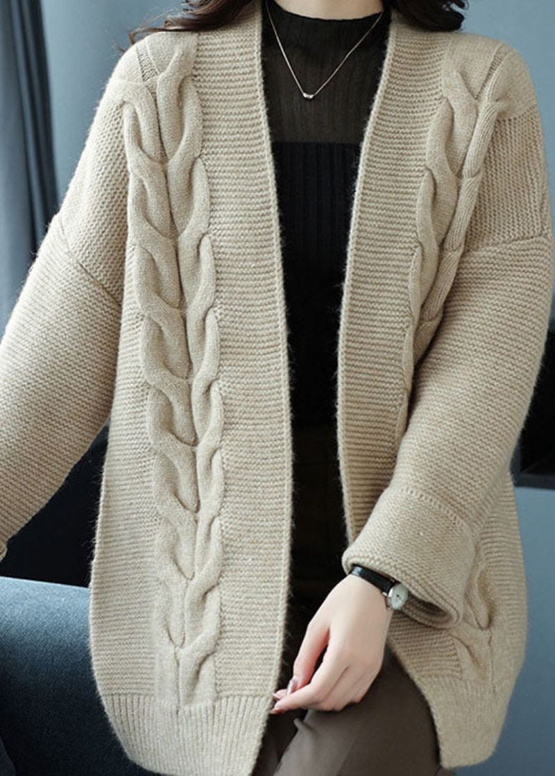 Cardigan Ample En Tricot De Laine Épaisse Beige Col En V Patchwork Automne - Manteaux en laine femmes