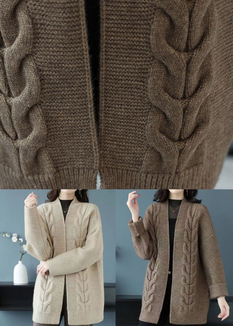 Cardigan Ample En Tricot De Laine Épaisse Beige Col En V Patchwork Automne - Manteaux en laine femmes