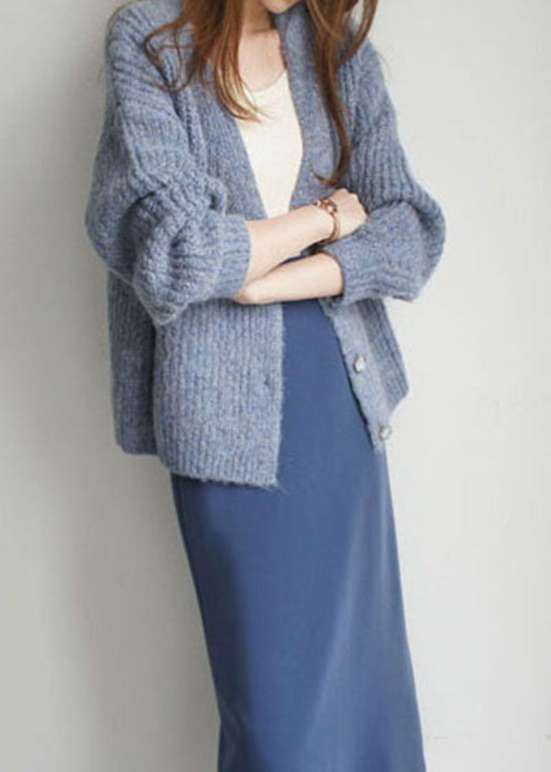 Cardigan D'hiver En Laine À Boutons Bleus Fins De Grande Taille - Manteaux en laine femmes