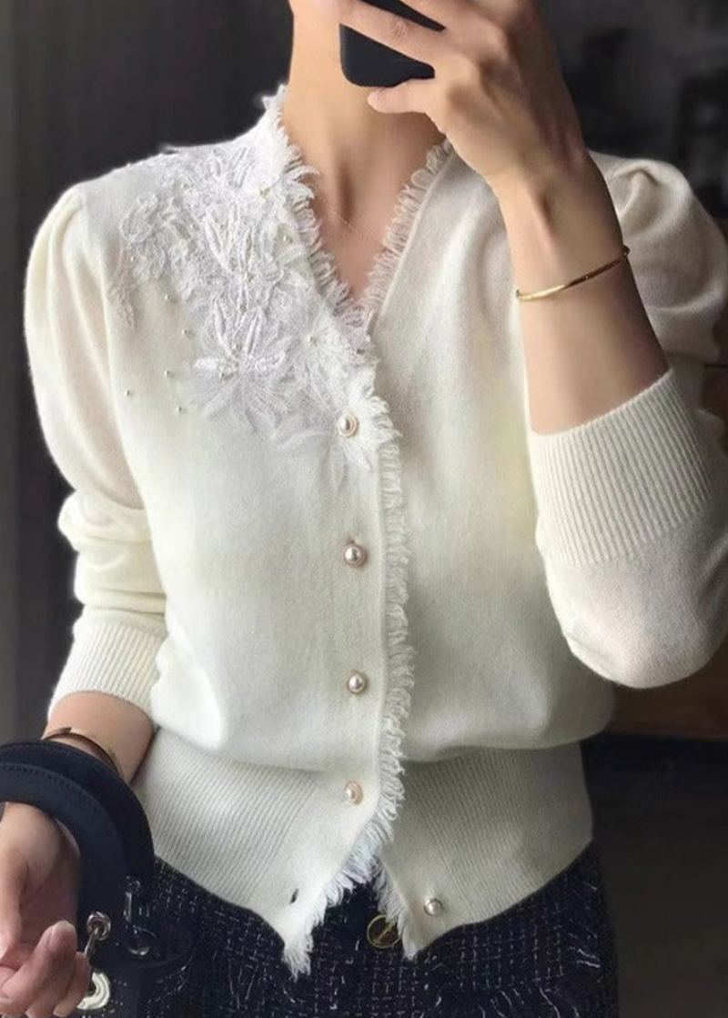 Cardigan En Laine Brodé À Pompons Et Col En V Blanc Chic Automne