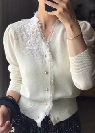 Cardigan En Laine Brodé À Pompons Et Col En V Blanc Chic Automne