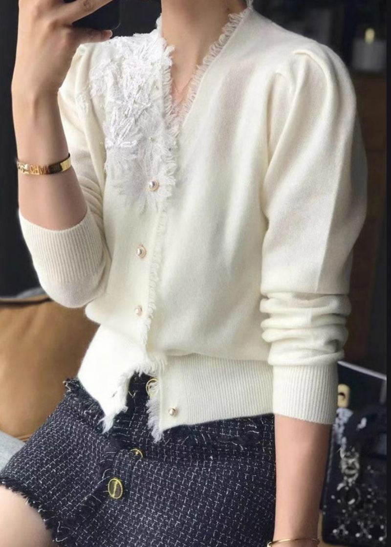 Cardigan En Laine Brodé À Pompons Et Col En V Blanc Chic Automne - Manteaux en laine femmes