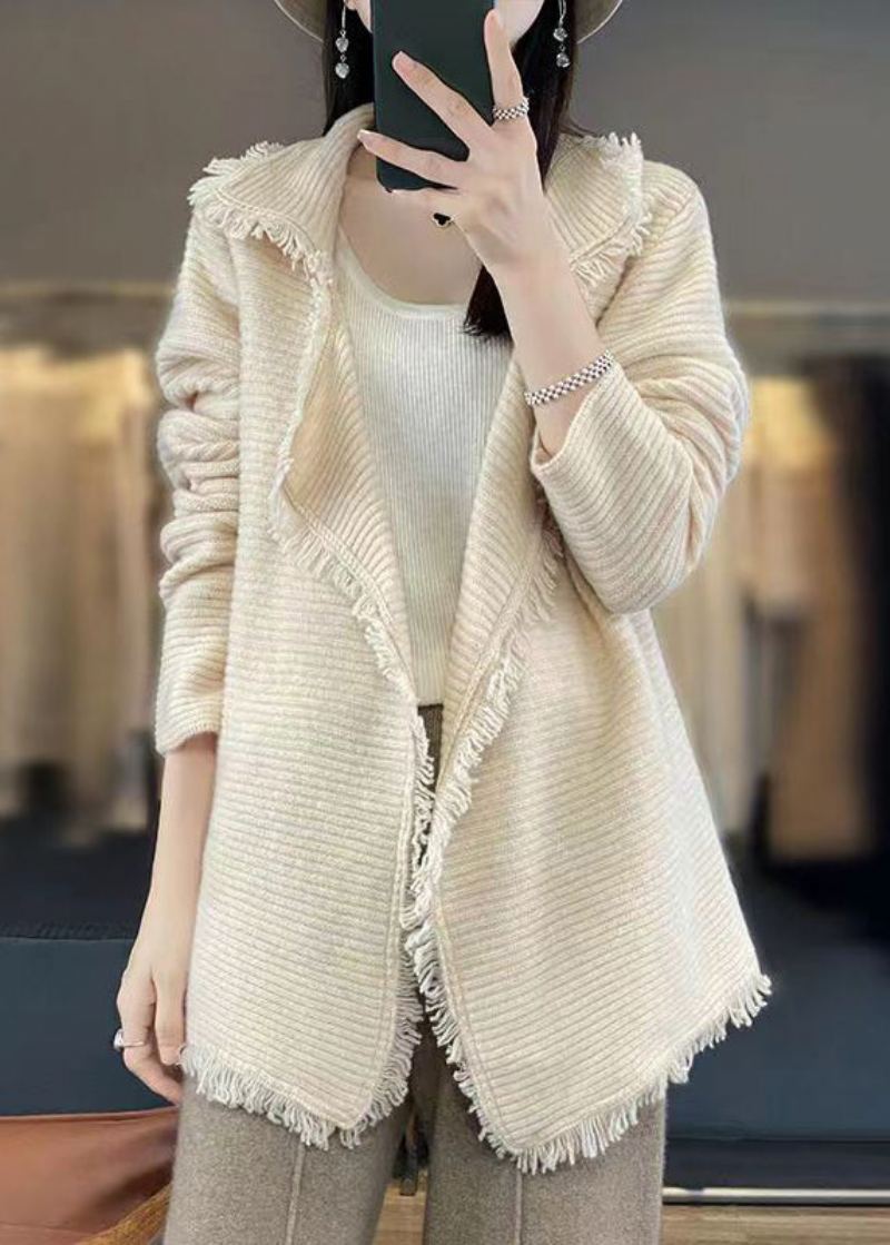 Cardigan En Laine Confortable En Patchwork À Franges Beige Français Automne - Manteaux en laine femmes