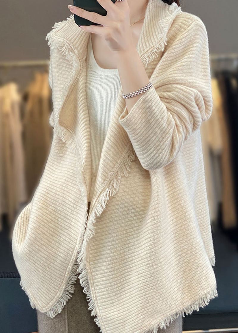 Cardigan En Laine Confortable En Patchwork À Franges Beige Français Automne - Manteaux en laine femmes