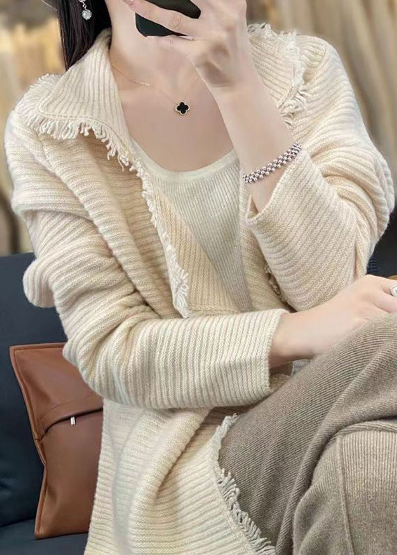 Cardigan En Laine Confortable En Patchwork À Franges Beige Français Automne - Manteaux en laine femmes