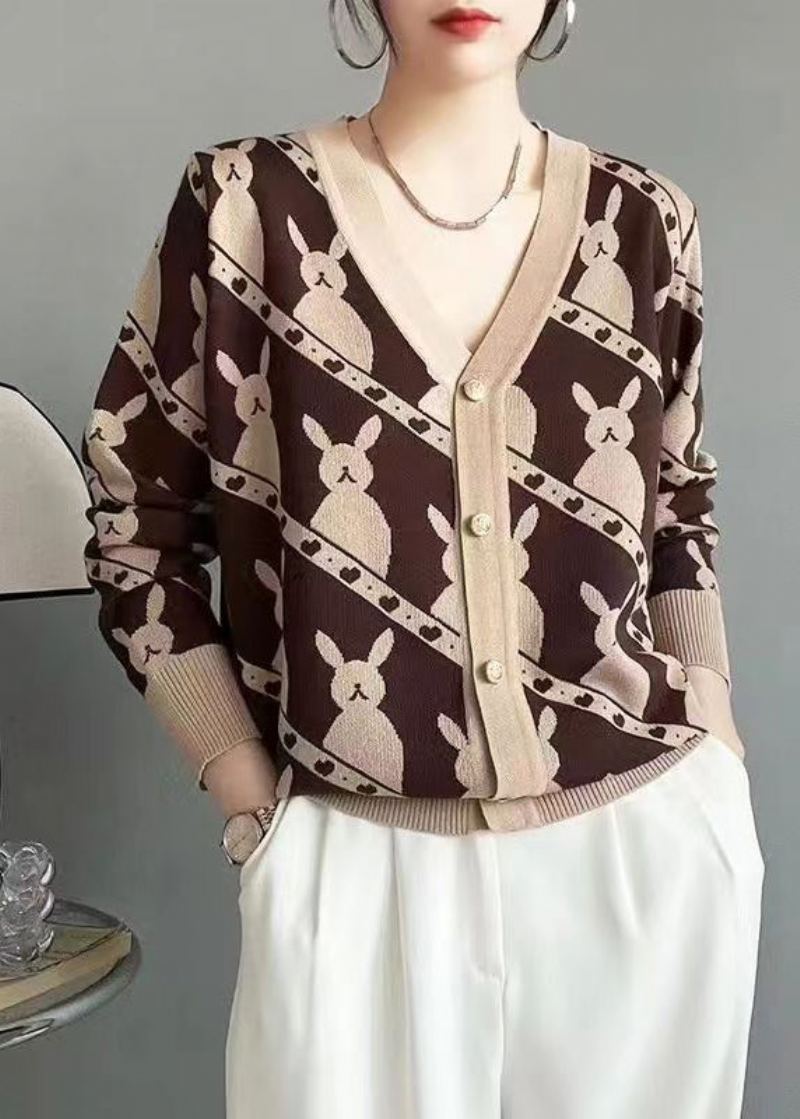 Cardigan En Laine Jacquard Boutonné Rose Chic À Col En V Automne - Manteaux en laine femmes