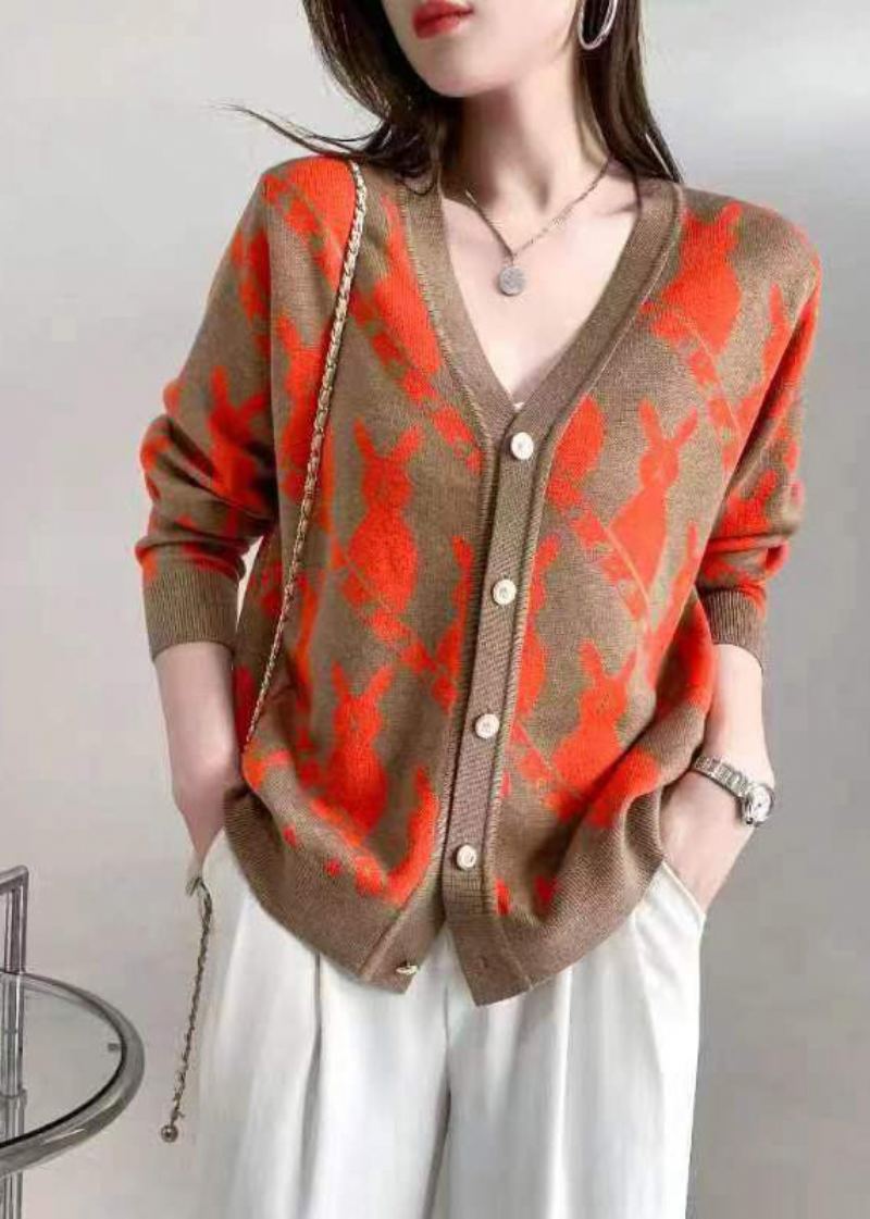 Cardigan En Laine Jacquard Boutonné Rose Chic À Col En V Automne - Manteaux en laine femmes