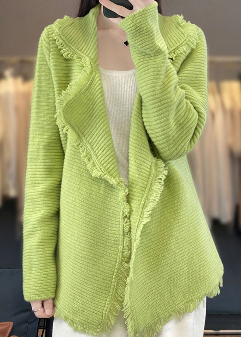 Cardigan En Laine À Pampilles Et Col Peter Pan Vert Simple Automne - Manteaux en laine femmes