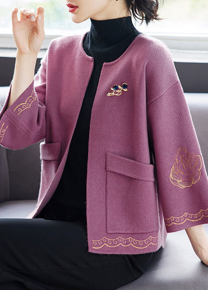 Cardigan En Laine Violet Pour Femmes Col Rond Poches Imprimées Patchwork Automne - Manteaux en laine femmes