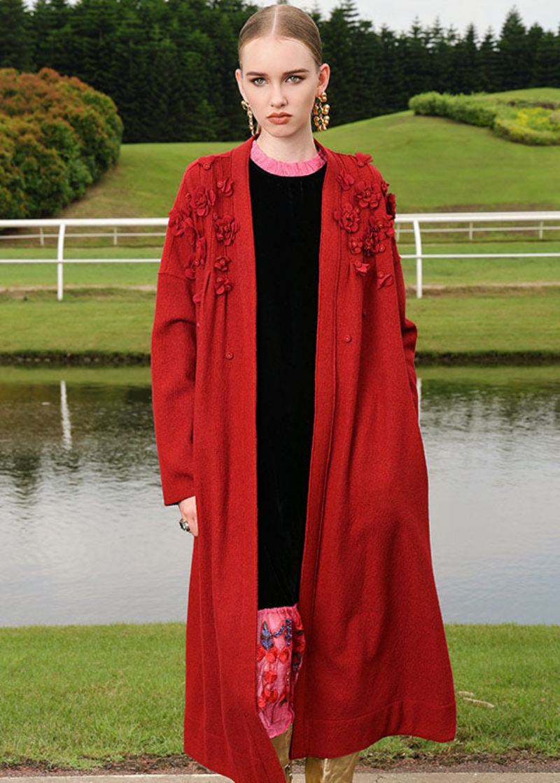 Cardigan Long En Laine À Fleurs Brodées Rouges De Grande Taille Automne - Manteaux en laine femmes