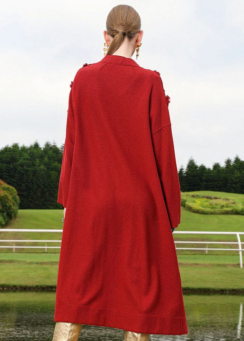 Cardigan Long En Laine À Fleurs Brodées Rouges De Grande Taille Automne - Manteaux en laine femmes