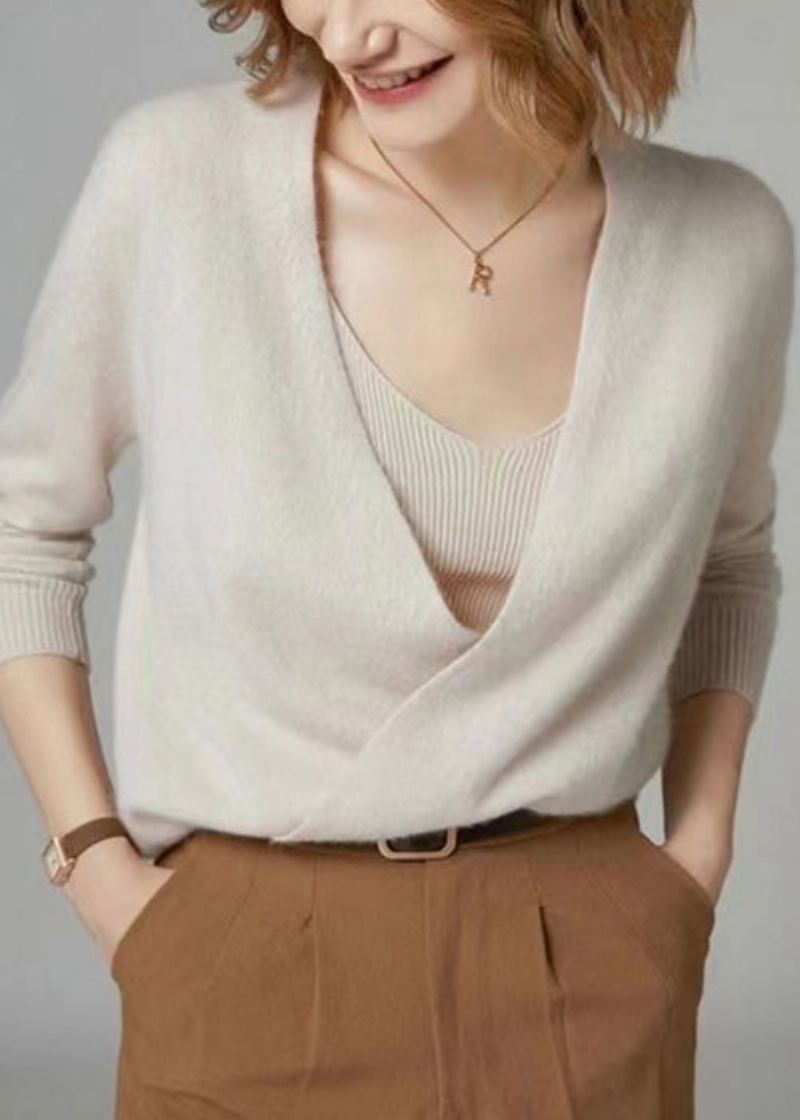 Cardigan En Tricot De Laine Beige Pour Femmes Col En V Boutons Patchwork Automne