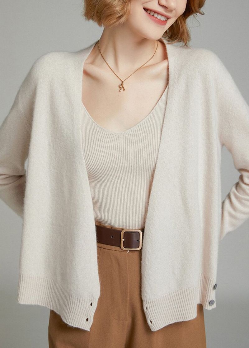 Cardigan En Tricot De Laine Beige Pour Femmes Col En V Boutons Patchwork Automne - Manteaux en laine femmes