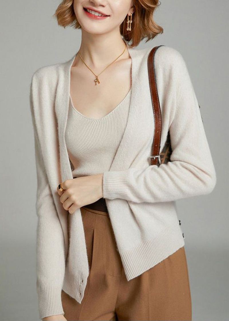 Cardigan En Tricot De Laine Beige Pour Femmes Col En V Boutons Patchwork Automne - Manteaux en laine femmes