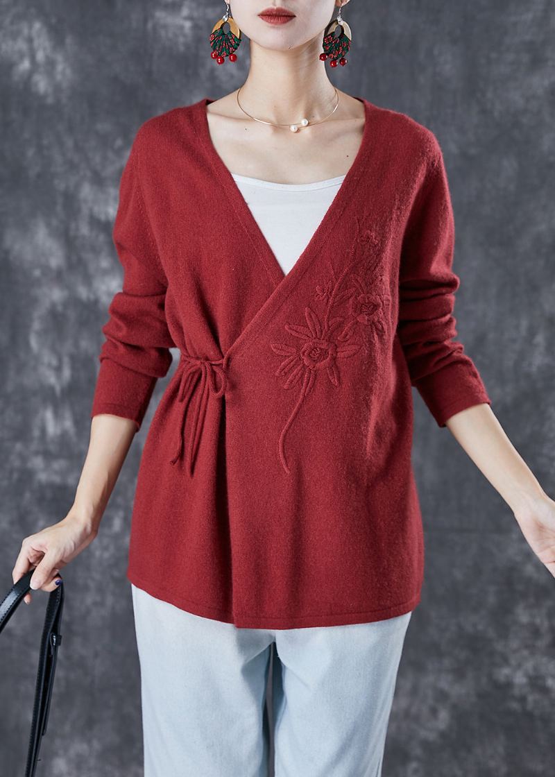 Cardigan En Tricot De Laine Brodé De Mûrier Italien À La Taille Hiver