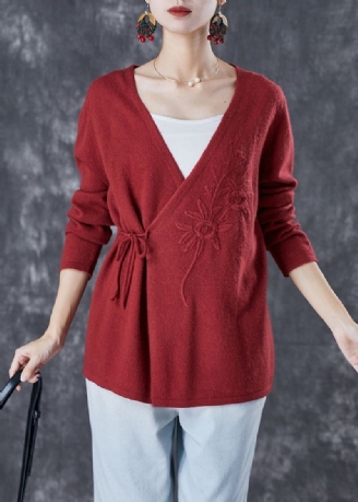 Cardigan En Tricot De Laine Brodé De Mûrier Italien À La Taille Hiver