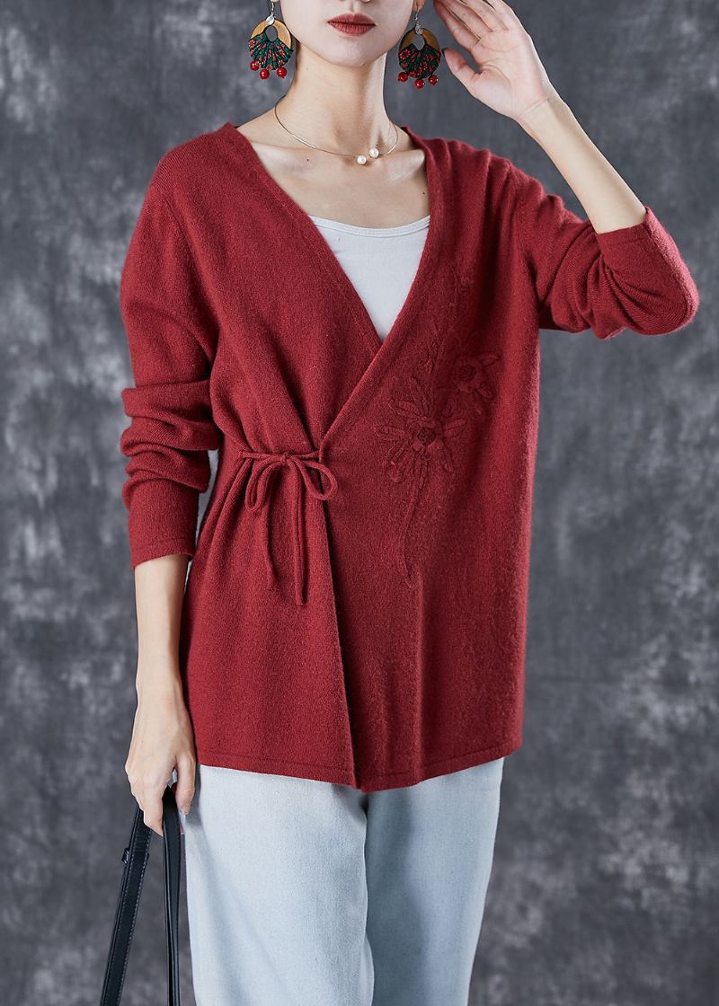 Cardigan En Tricot De Laine Brodé De Mûrier Italien À La Taille Hiver - Manteaux en laine femmes