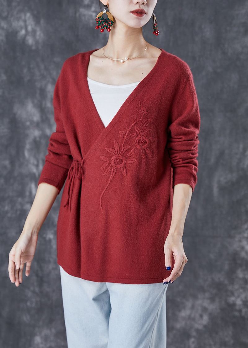 Cardigan En Tricot De Laine Brodé De Mûrier Italien À La Taille Hiver - Manteaux en laine femmes