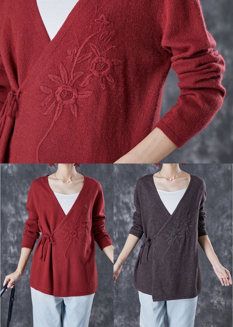 Cardigan En Tricot De Laine Brodé De Mûrier Italien À La Taille Hiver - Manteaux en laine femmes