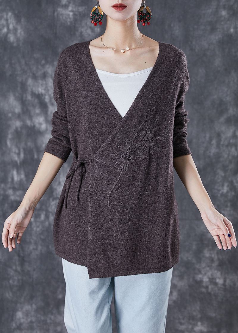 Cardigan En Tricot De Laine Chocolat Brodé À Nouer À La Taille Pour L'hiver - Manteaux en laine femmes