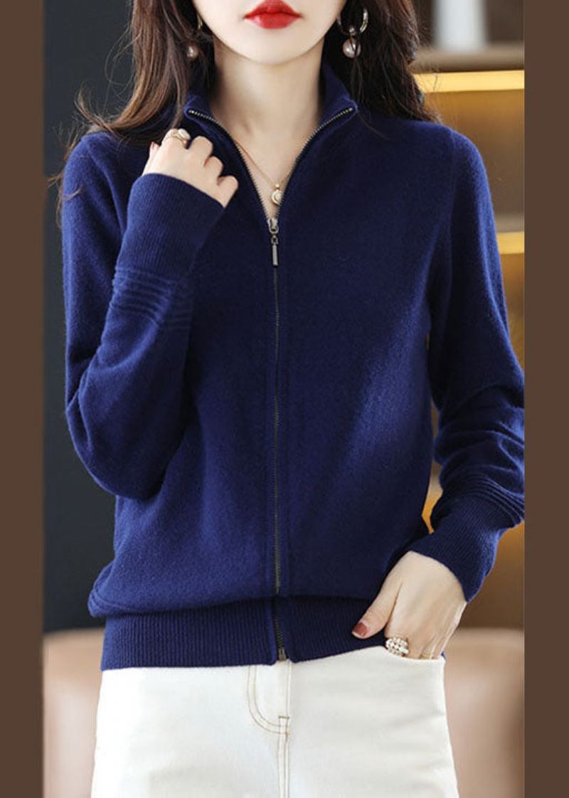 Cardigan En Tricot De Laine Épaisse Pour Femme Col Montant Fermeture Éclair Bleu Marine Printemps - Manteaux en laine femmes