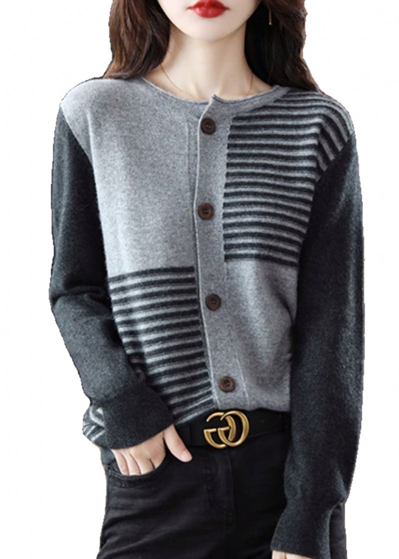 Cardigan En Tricot De Laine Gris Élégant À Col Rond Avec Boutons En Patchwork Automne - Manteaux en laine femmes