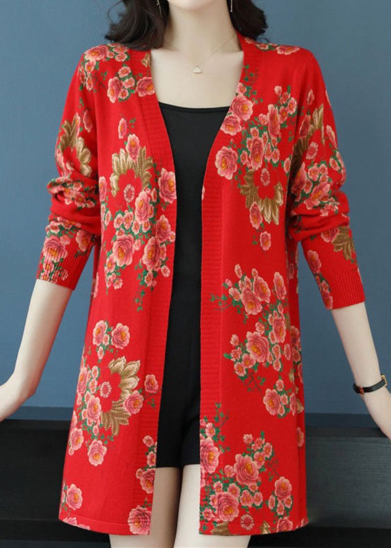 Cardigan En Tricot De Laine Imprimé Col En V Rouge Pour Femme À Manches Longues - Manteaux en laine femmes