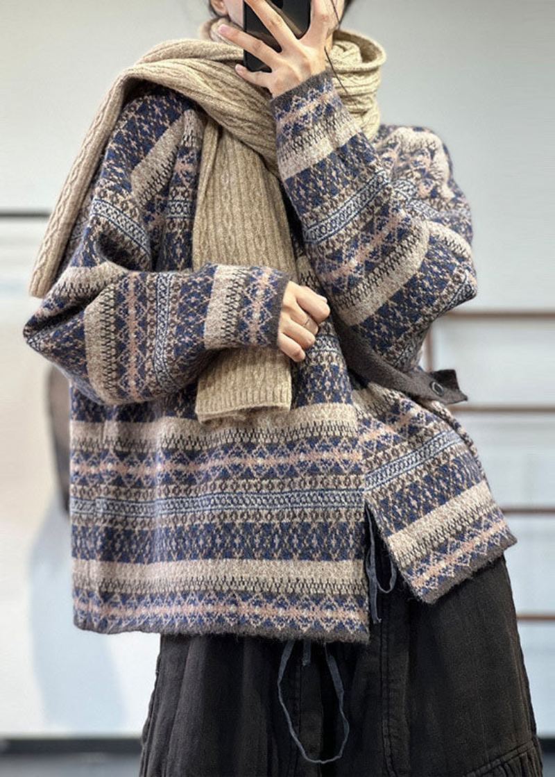 Cardigan En Tricot De Laine Imprimé Surdimensionné Bleu Asymétrique Pour Femme Hiver - Manteaux en laine femmes