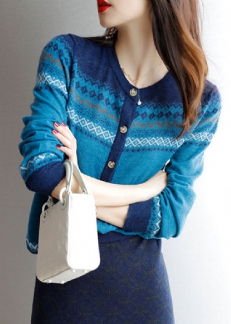 Cardigan Tricoté En Laine Bleu Chic À Col Rond Imprimé Bouton Automne