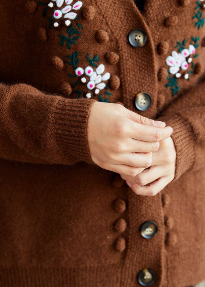 Cardigans Amples En Tricot De Laine Brodé De Chocolat Élégant Hiver - Manteaux en laine femmes