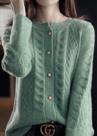 Cardigans En Tricot De Câble De Laine Chaude Verte Col Rond Bouton De Perle Hiver