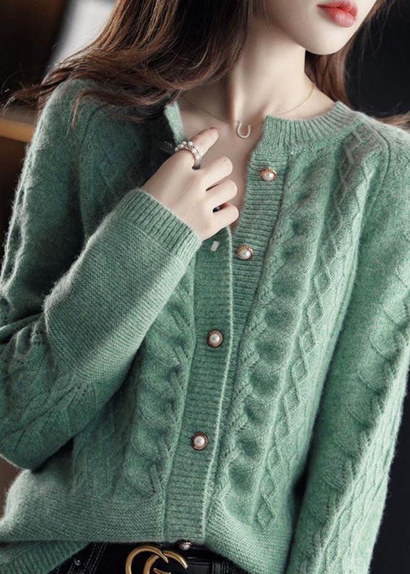 Cardigans En Tricot De Câble De Laine Chaude Verte Col Rond Bouton De Perle Hiver - Manteaux en laine femmes