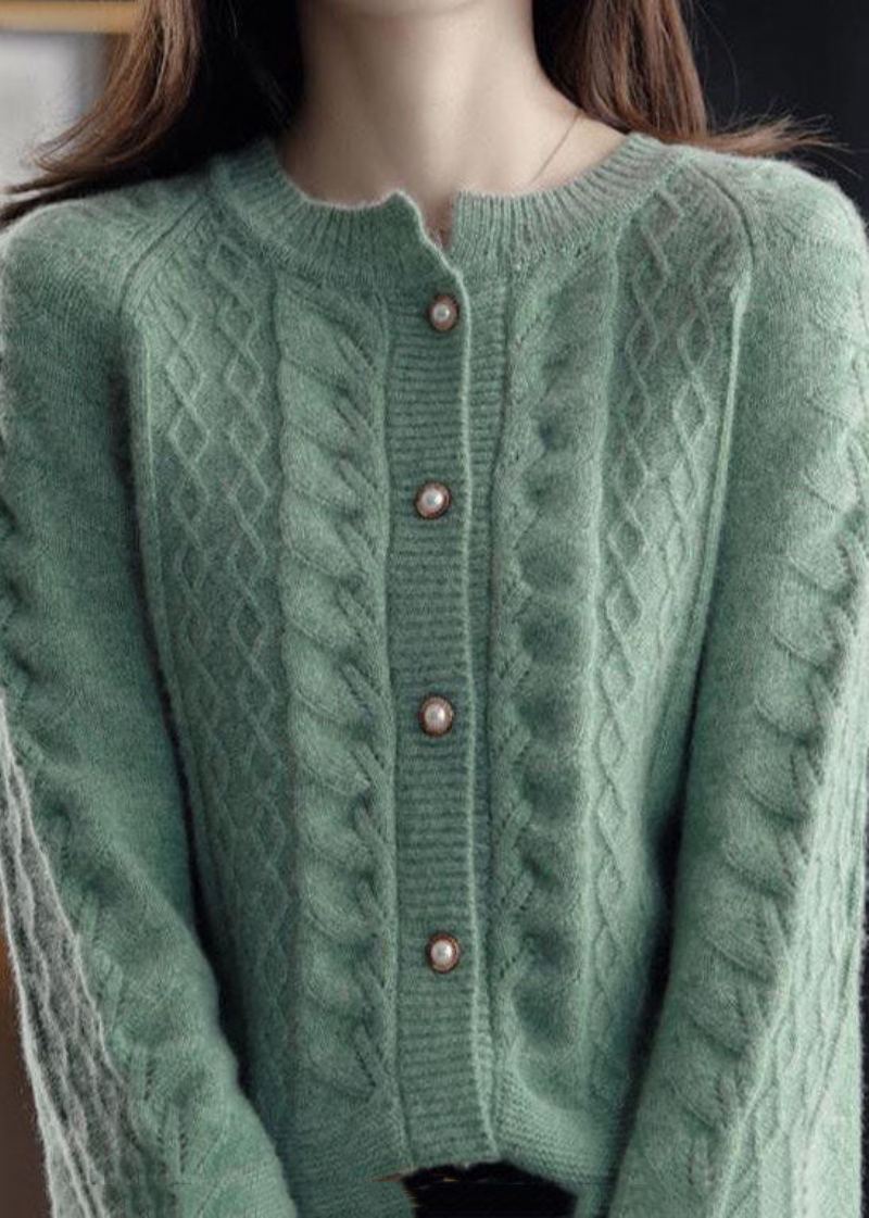 Cardigans En Tricot De Câble De Laine Chaude Verte Col Rond Bouton De Perle Hiver - Manteaux en laine femmes