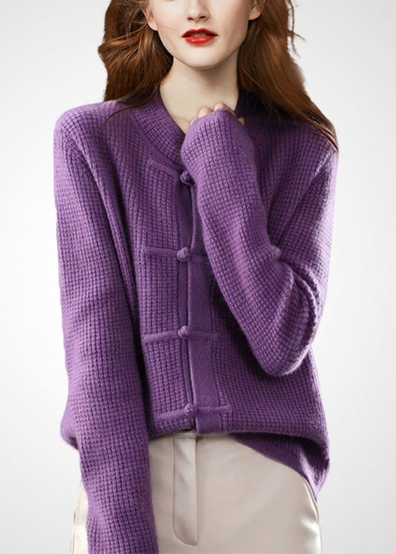 Cardigans En Tricot De Laine À Boutons Orientaux Style Boho Violet Col Rond Hiver