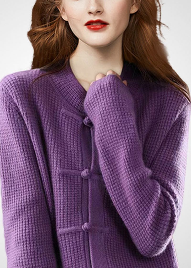 Cardigans En Tricot De Laine À Boutons Orientaux Style Boho Violet Col Rond Hiver - Manteaux en laine femmes