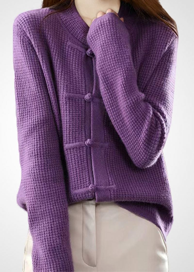 Cardigans En Tricot De Laine À Boutons Orientaux Style Boho Violet Col Rond Hiver - Manteaux en laine femmes