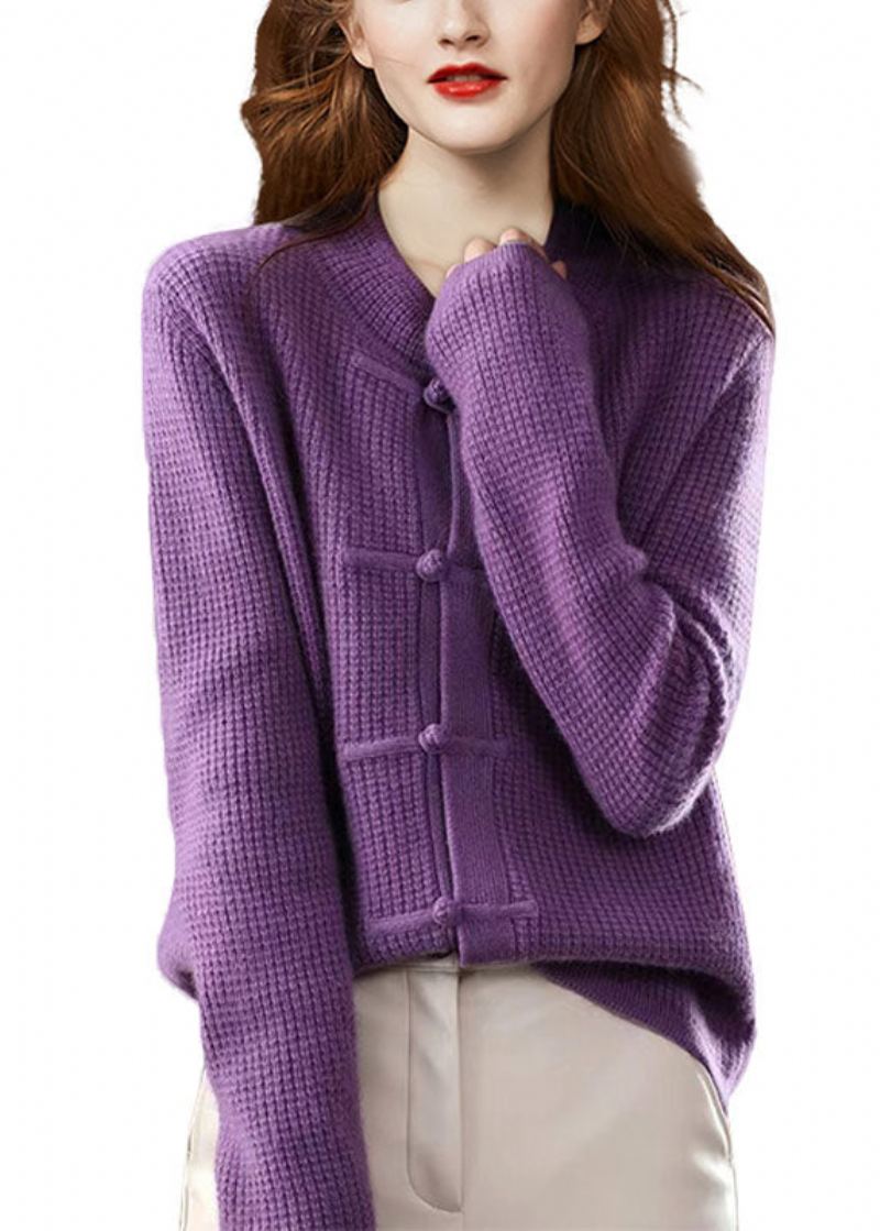 Cardigans En Tricot De Laine À Boutons Orientaux Style Boho Violet Col Rond Hiver - Manteaux en laine femmes