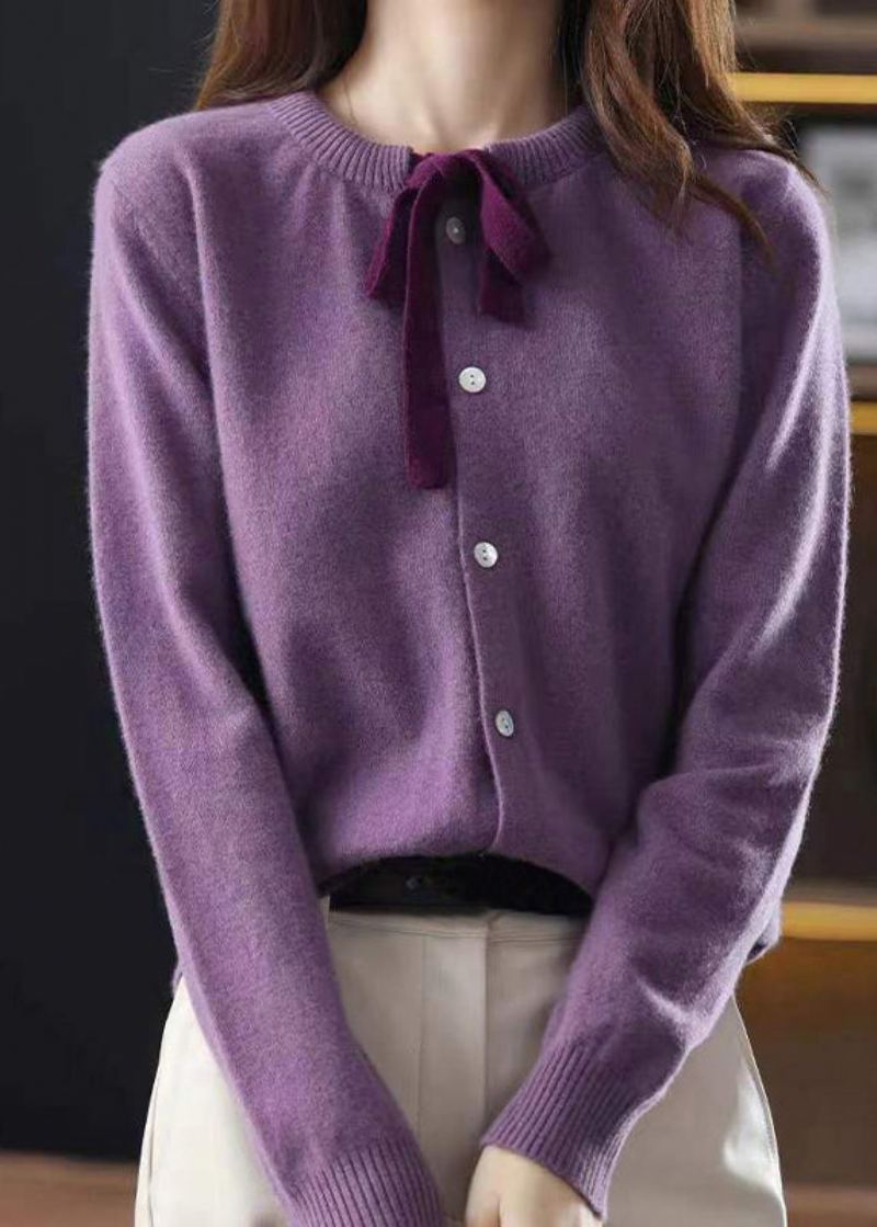 Cardigans Tricotés En Laine Violet Élégant À Col Rond À Lacets Patchwork Automne - Manteaux en laine femmes