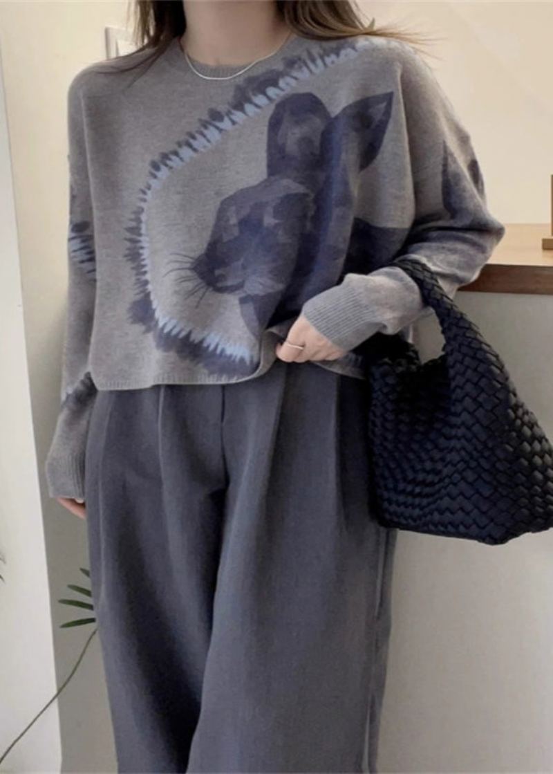 Chandails En Laine Épais Gris Chic À Col Rond Imprimé Animal Automne - Manteaux en laine femmes