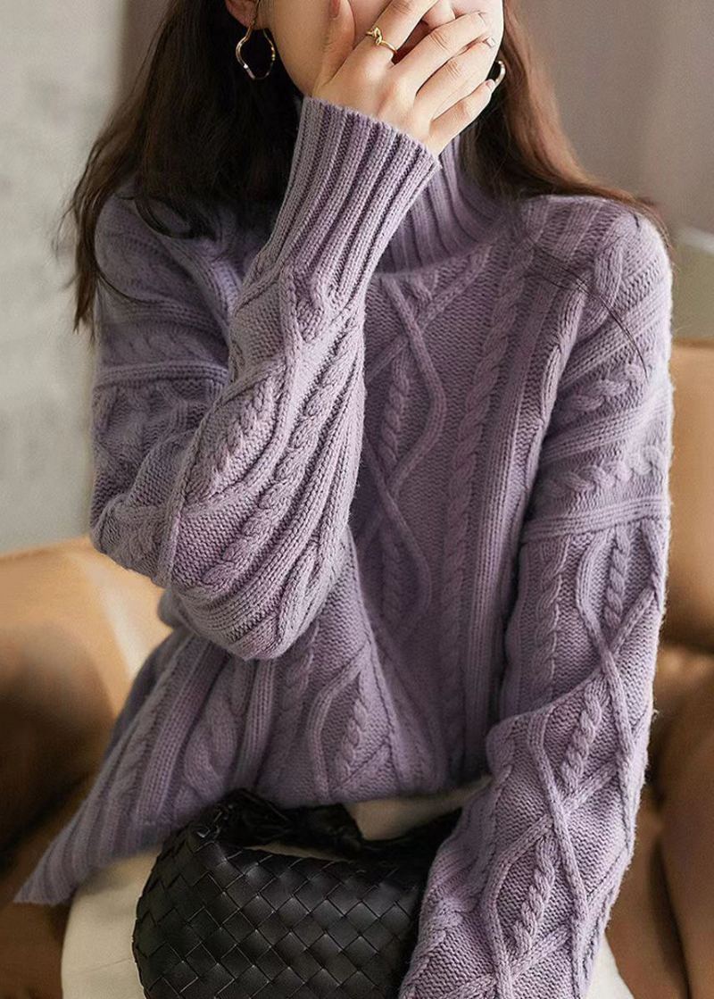 Chandails En Tricot Torsadé En Laine Violet Français Col Haut Patchwork Hiver - Manteaux en laine femmes