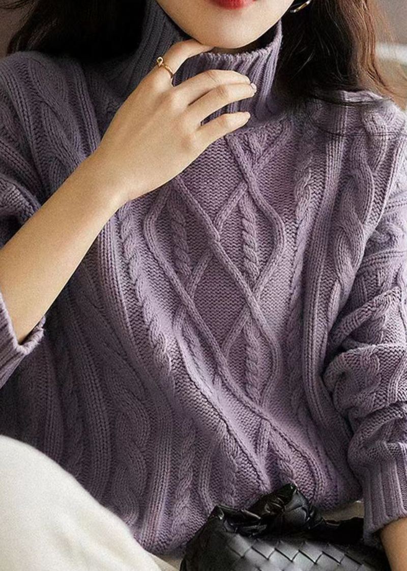 Chandails En Tricot Torsadé En Laine Violet Français Col Haut Patchwork Hiver - Manteaux en laine femmes