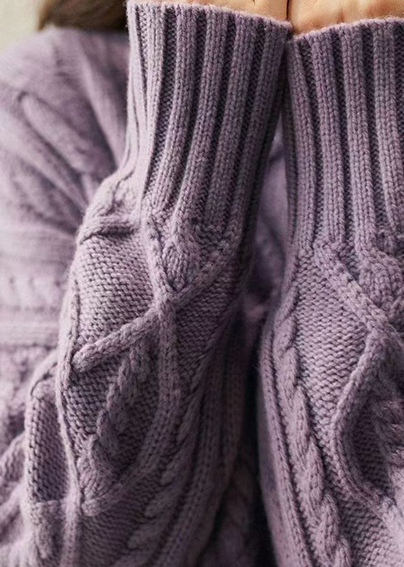 Chandails En Tricot Torsadé En Laine Violet Français Col Haut Patchwork Hiver - Manteaux en laine femmes