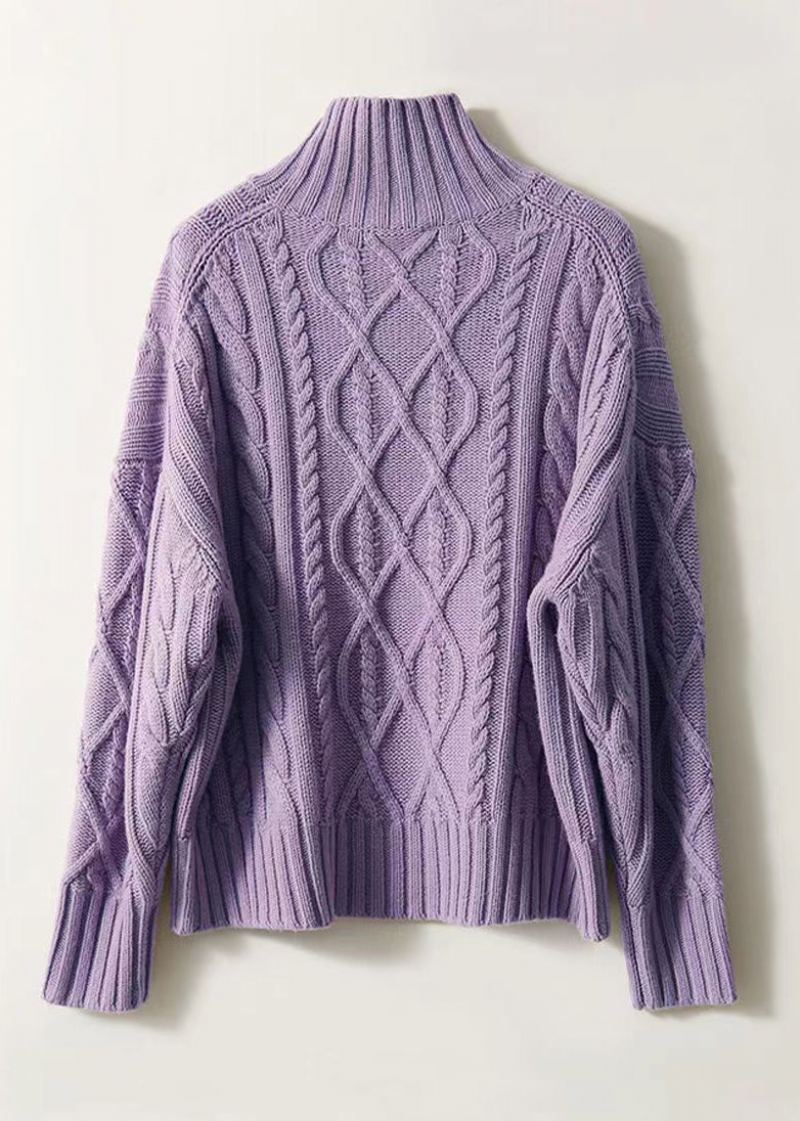 Chandails En Tricot Torsadé En Laine Violet Français Col Haut Patchwork Hiver - Manteaux en laine femmes