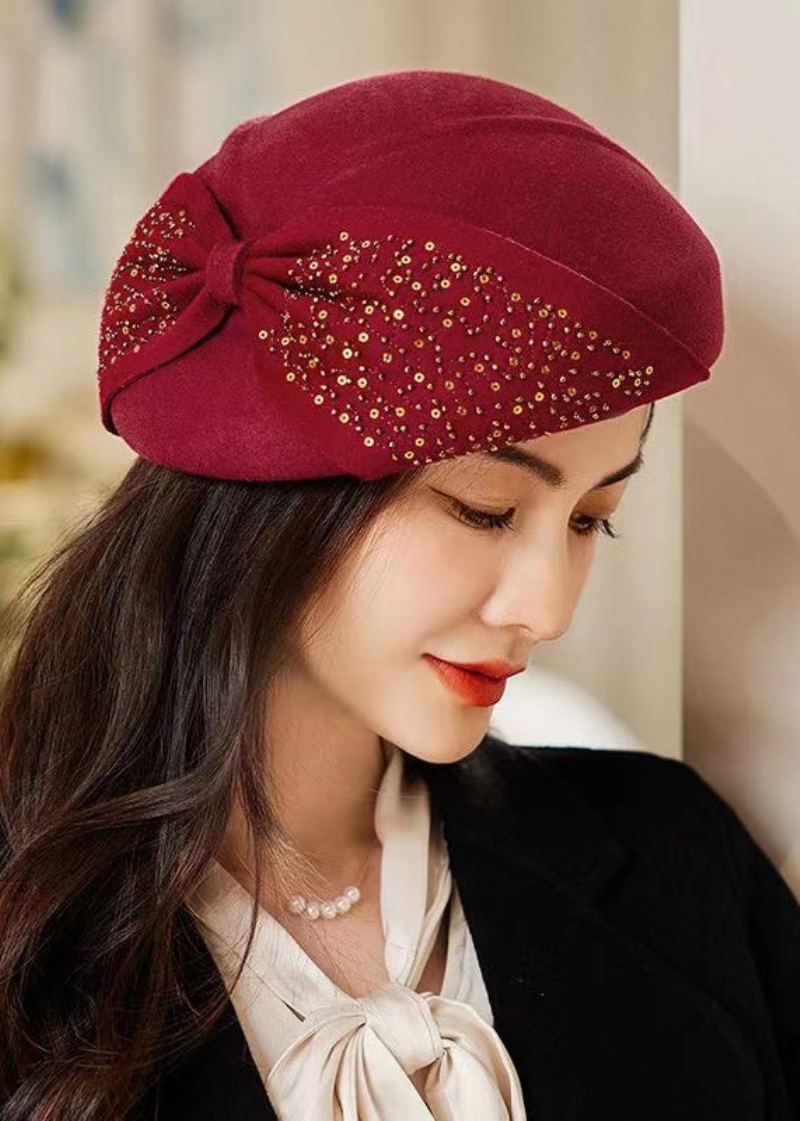 Chapeau De Béret En Laine Patchwork De Paillettes D'arc Rouge Vin Chic