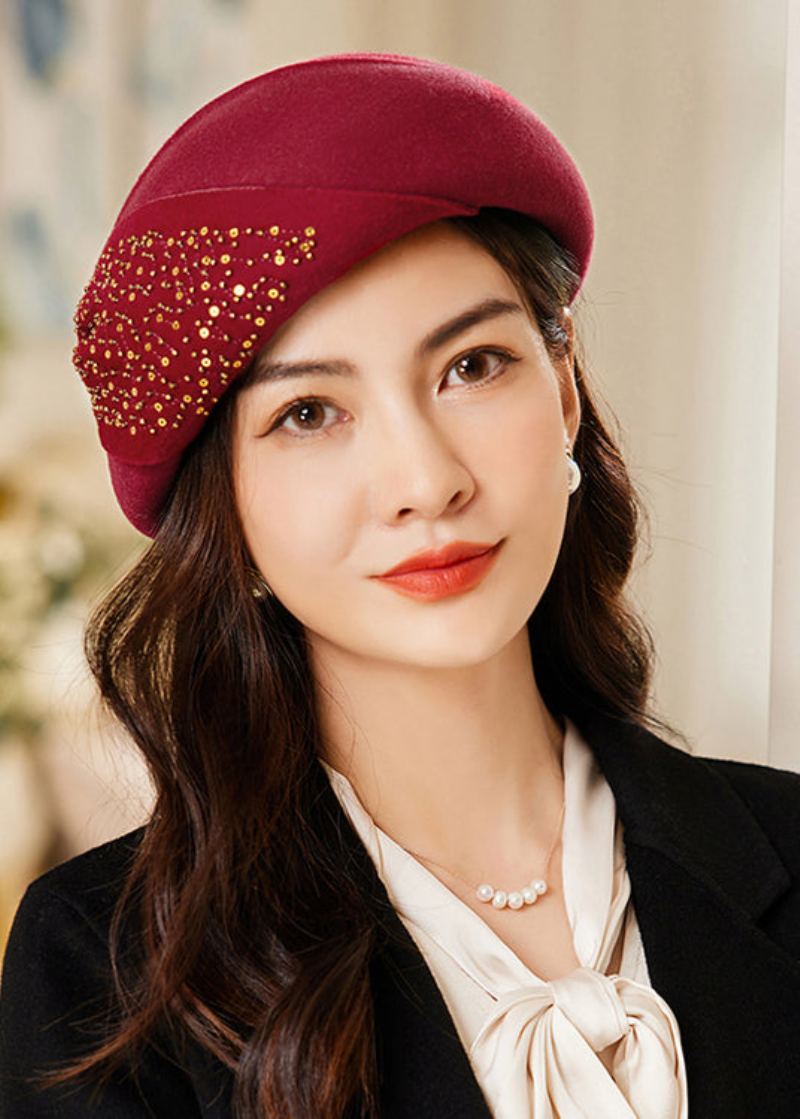 Chapeau De Béret En Laine Patchwork De Paillettes D'arc Rouge Vin Chic - Manteaux en laine femmes