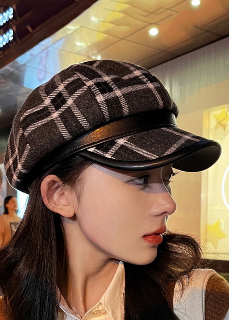 Chapeau De Béret En Laine Patchwork De Zircon À Carreaux Noirs Chic - Manteaux en laine femmes